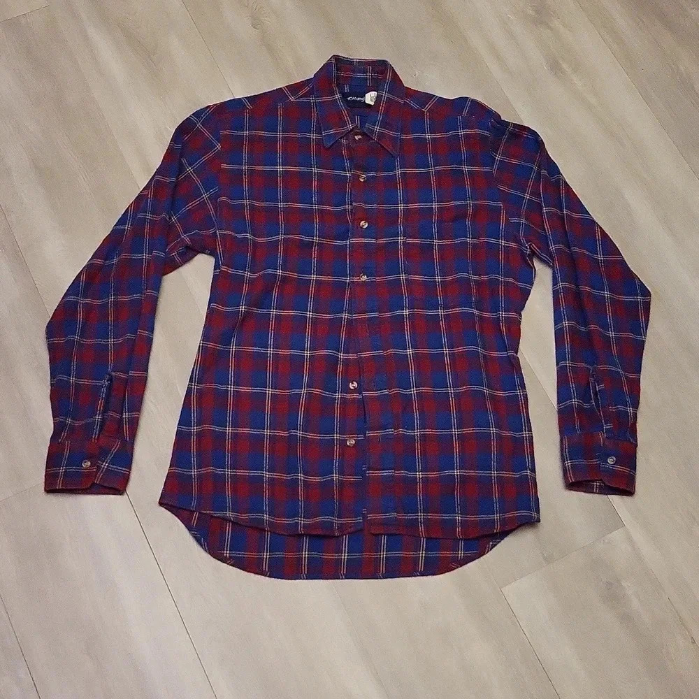 Wrangler Mens‎ Medium Vintage Blue Red Plaid Cotton Collared Button Up Casual